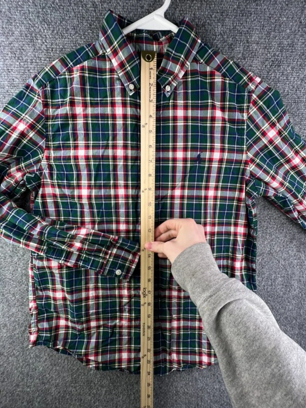 Ralph Lauren Button Up Shirt Boys’ Natural Stretch Large 14-16 Plaid Green Red